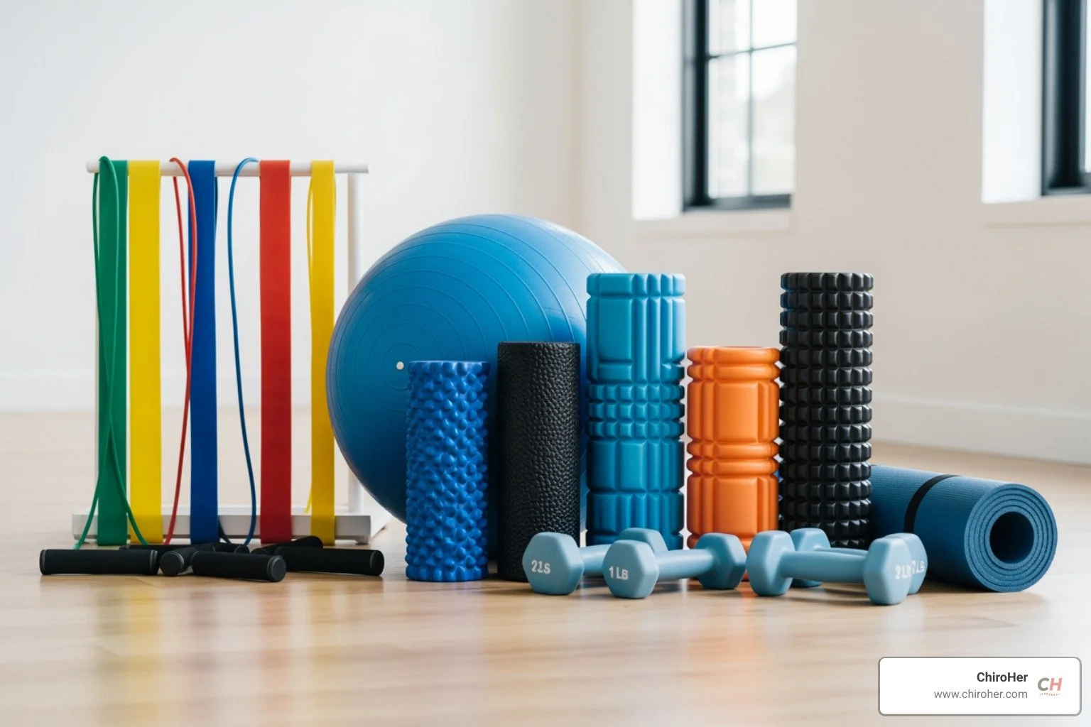collection of therapeutic exercise equipment, including resistance bands, a stability ball, foam rollers, light dumbbells, and a yoga mat, arranged neatly in a bright, modern clinic setting, photorealistic, cinematic lighting - Therapeutic Exercises