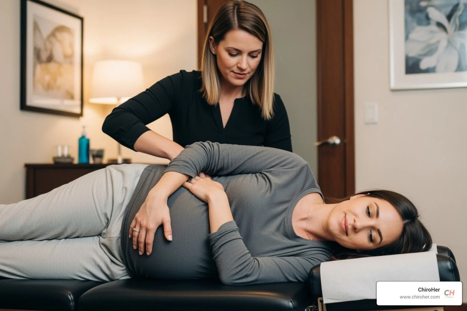 pregnant woman receiving gentle chiropractic care - prenatal chiropractor near me