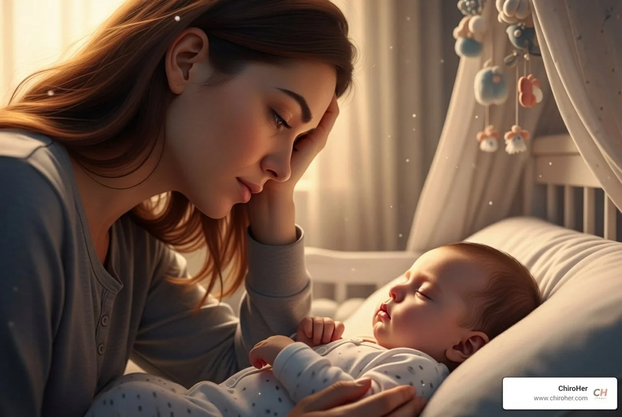 A tired but hopeful mother gazes lovingly at her peacefully sleeping baby in a soft, dreamlike nursery, bathed in warm, cinematic light. Her expression reflects both exhaustion and a deep sense of peace. - baby sleep specialist