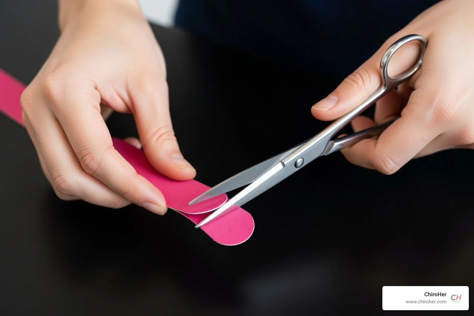 of a female chiropractor demonstrating how to round the edges of a piece of kinesiology tape with scissors - Supportive Taping Techniques