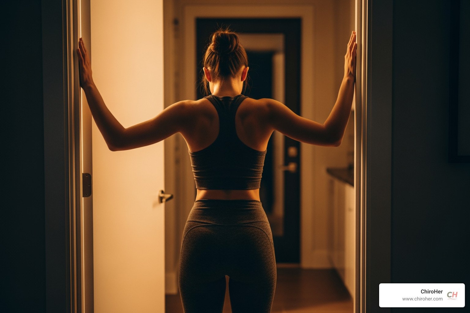 woman performing a doorway stretch to open up her chest and shoulders - upper shoulder blade pain