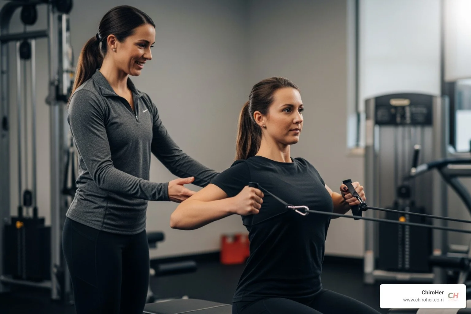 female chiropractor guiding a patient through a resistance band exercise, focusing on correct form in a modern clinic gym, photorealistic, cinematic lighting - Therapeutic Exercises