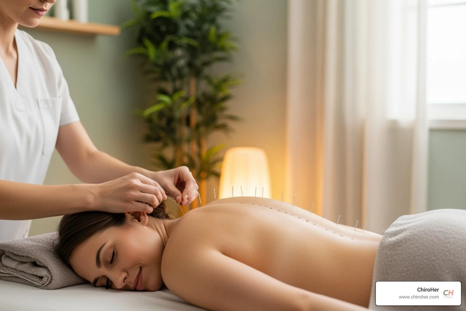 A woman receiving gentle acupuncture treatment on her back in a serene clinic setting - acupuncture for asthma