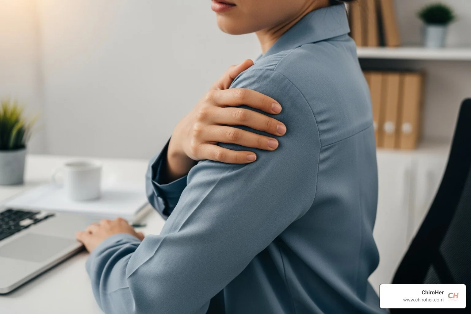 woman touching upper shoulder blade area while sitting at desk - upper shoulder blade pain