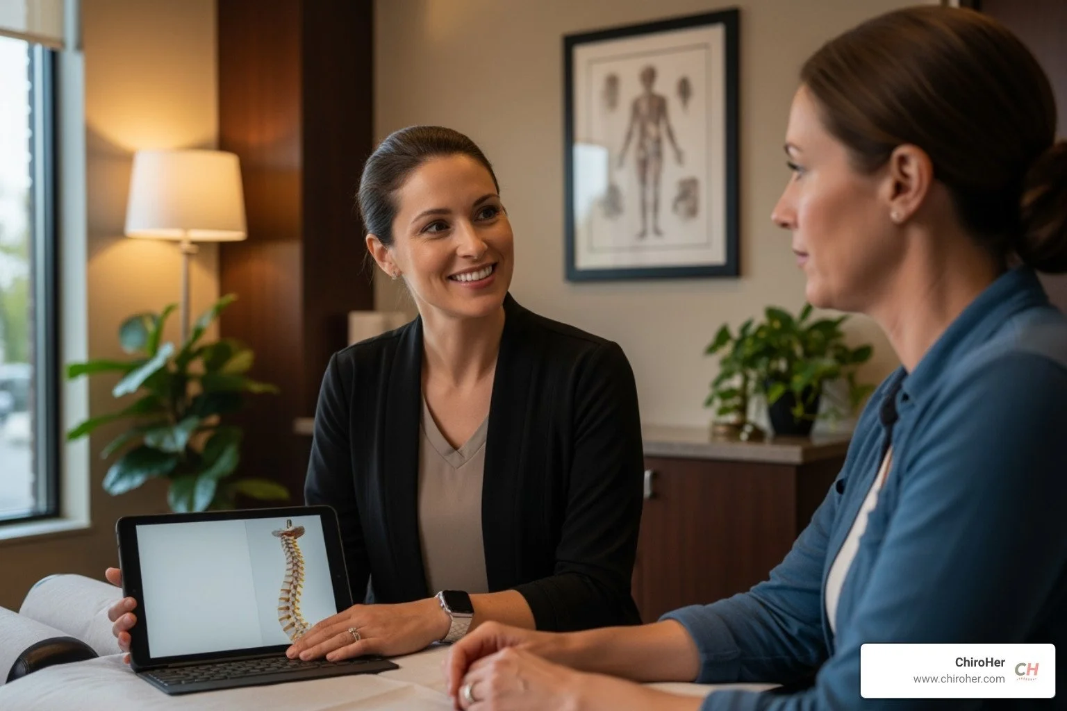 female chiropractor warmly consulting with a female patient in a comfortable, upscale clinic setting - back specialist near me