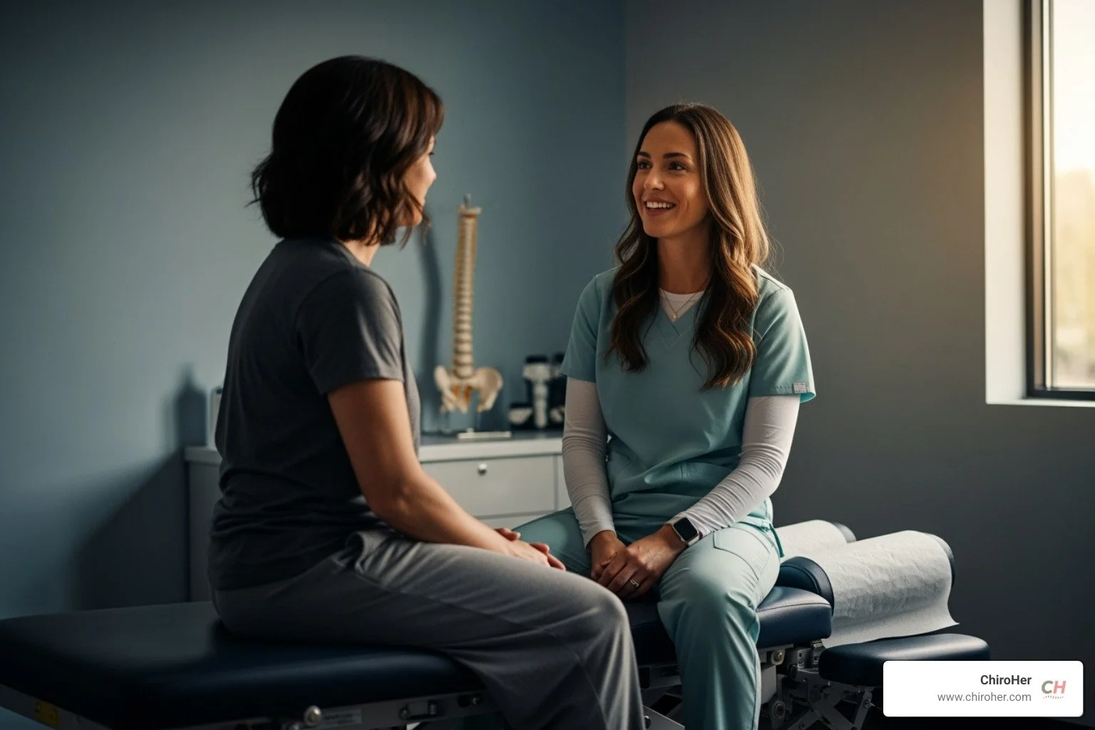 Friendly female chiropractor in a modern clinic setting, talking with a female patient who is sitting on an exam table - back doctor near me