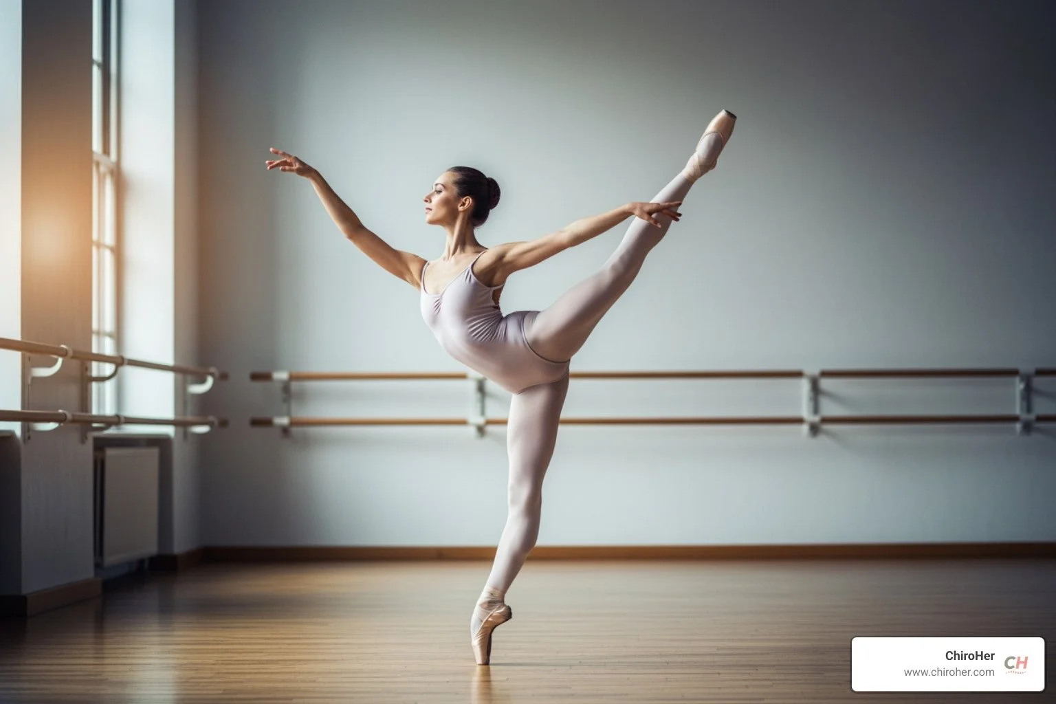 graceful dancer performing an arabesque, highlighting hip flexibility - hip stretches for dancers