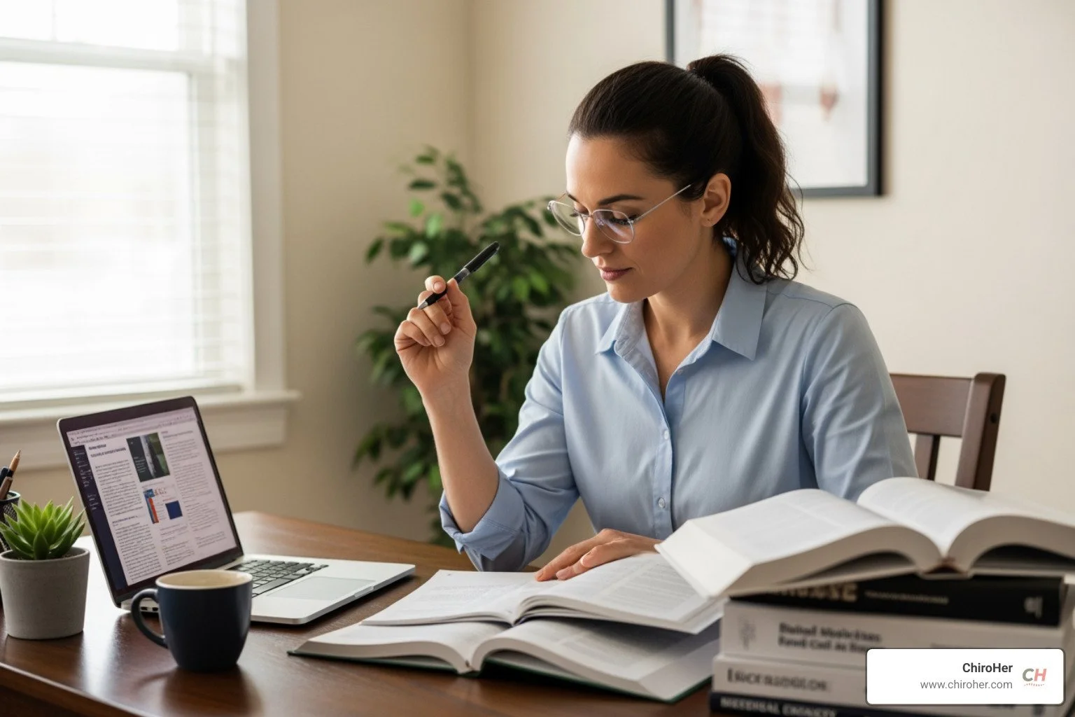 female chiropractor reviewing medical literature at her desk - Alleviate neck pain