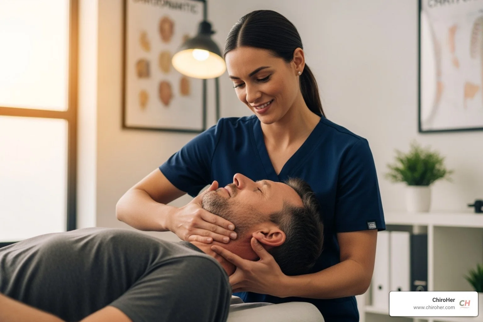 female chiropractor performing gentle manual therapy on patient's neck - does integrative manual therapy work