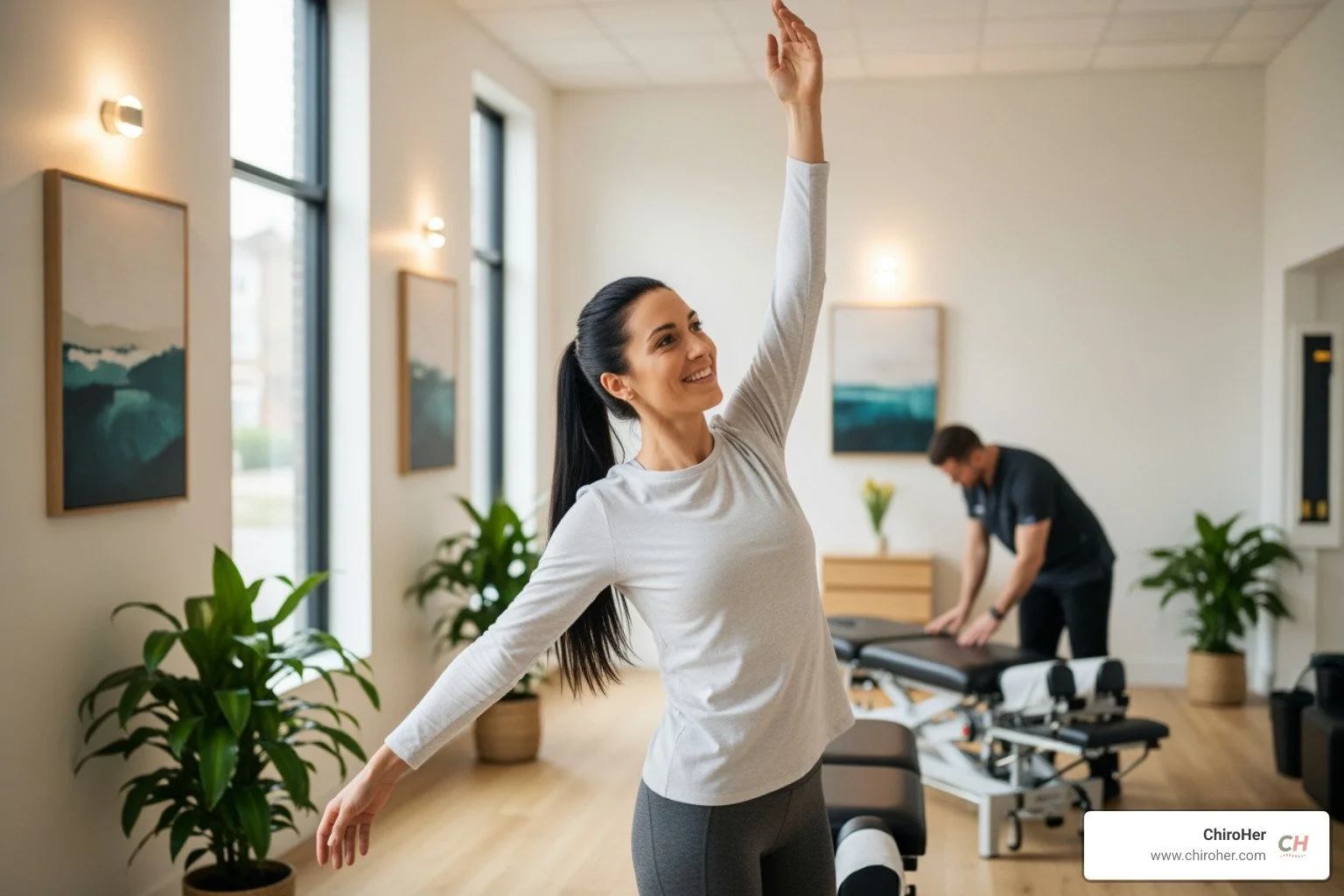 Ultra-realistic, photorealistic image of a female patient smiling and moving freely post-adjustment in a bright, modern chiropractic clinic, with cinematic lighting. - Spinal Adjustment Benefits