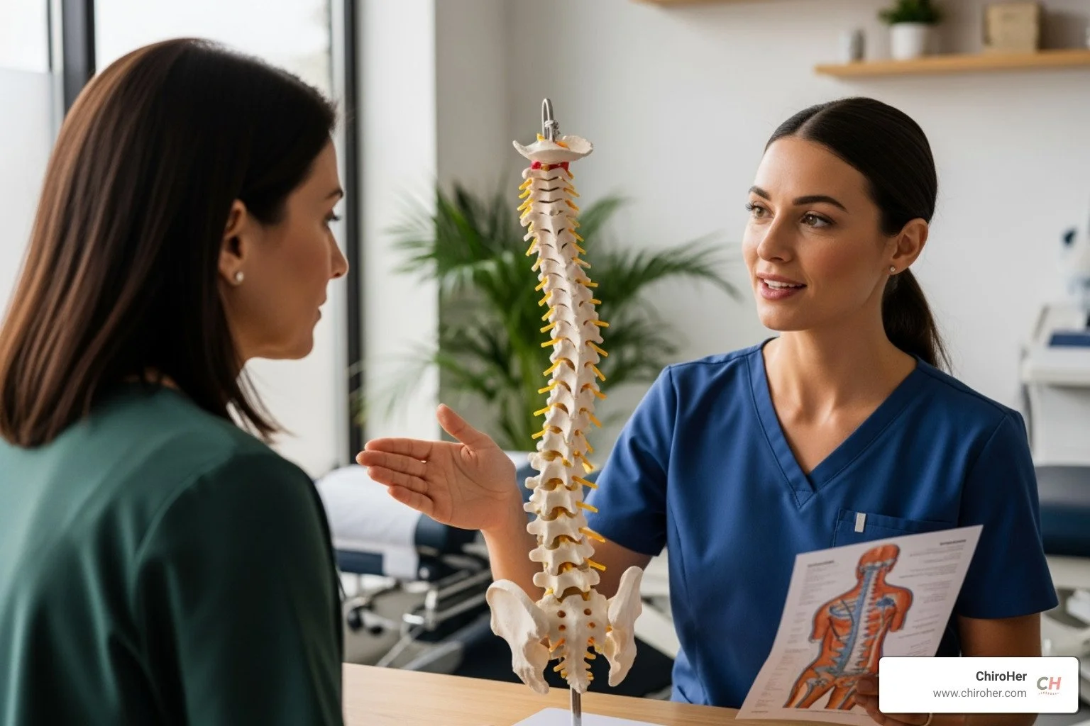 female chiropractor consulting with a female patient about back pain - inversion table for pinched nerve