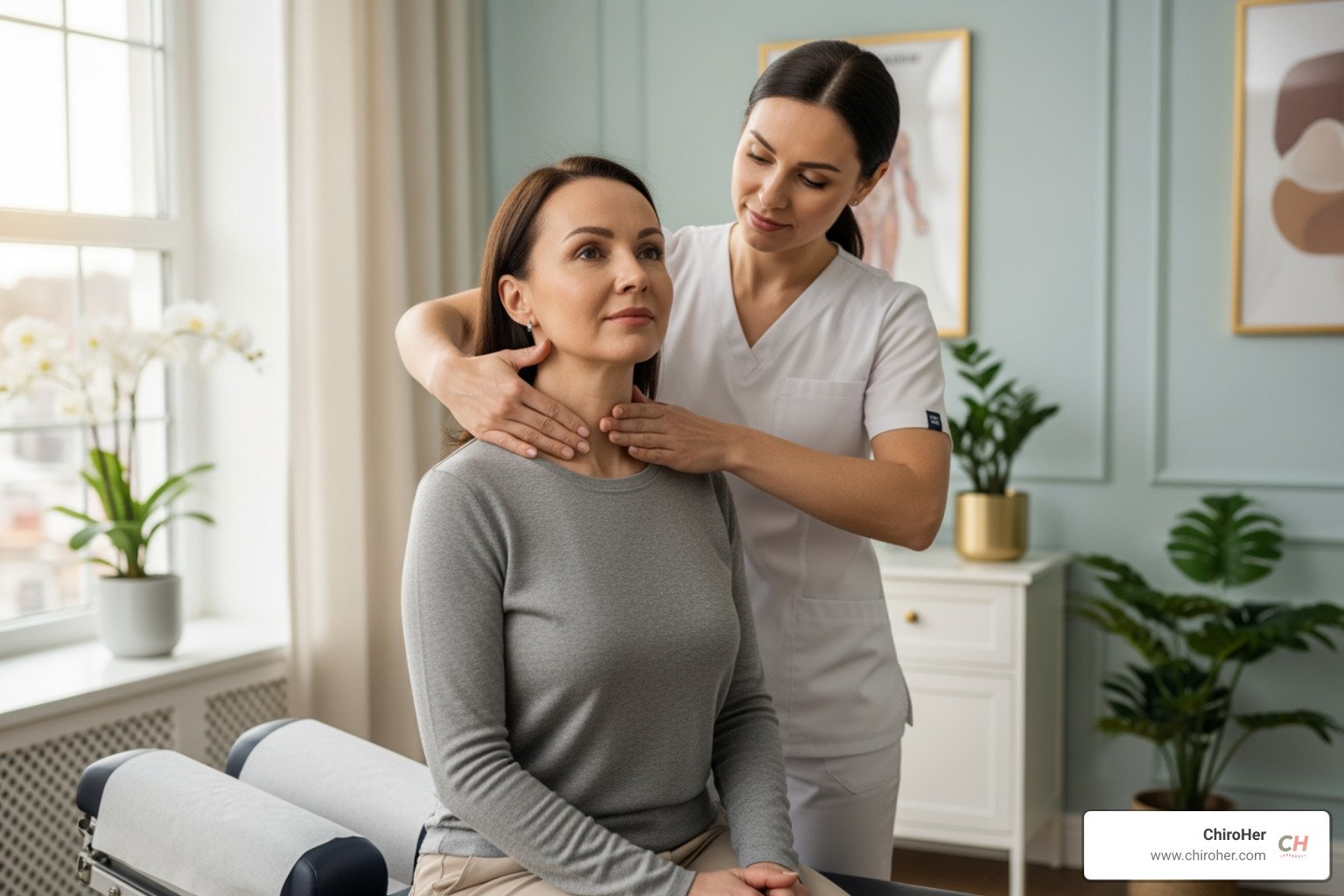 female chiropractor gently examining female patient's neck in a calm, upscale clinic setting - Alleviate neck pain