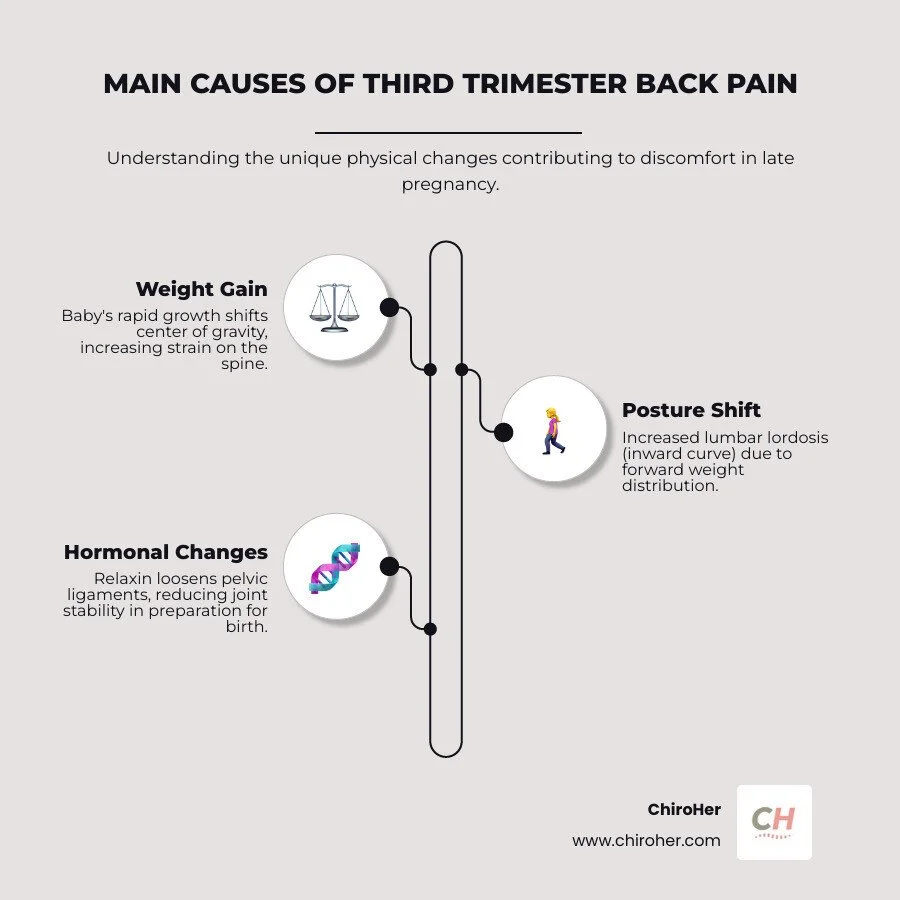 Infographic explaining the main causes of third-trimester back pain: weight gain, posture shift, and hormonal changes. - back pain during pregnancy 3rd trimester infographic infographic-line-3-steps-elegant_beige
