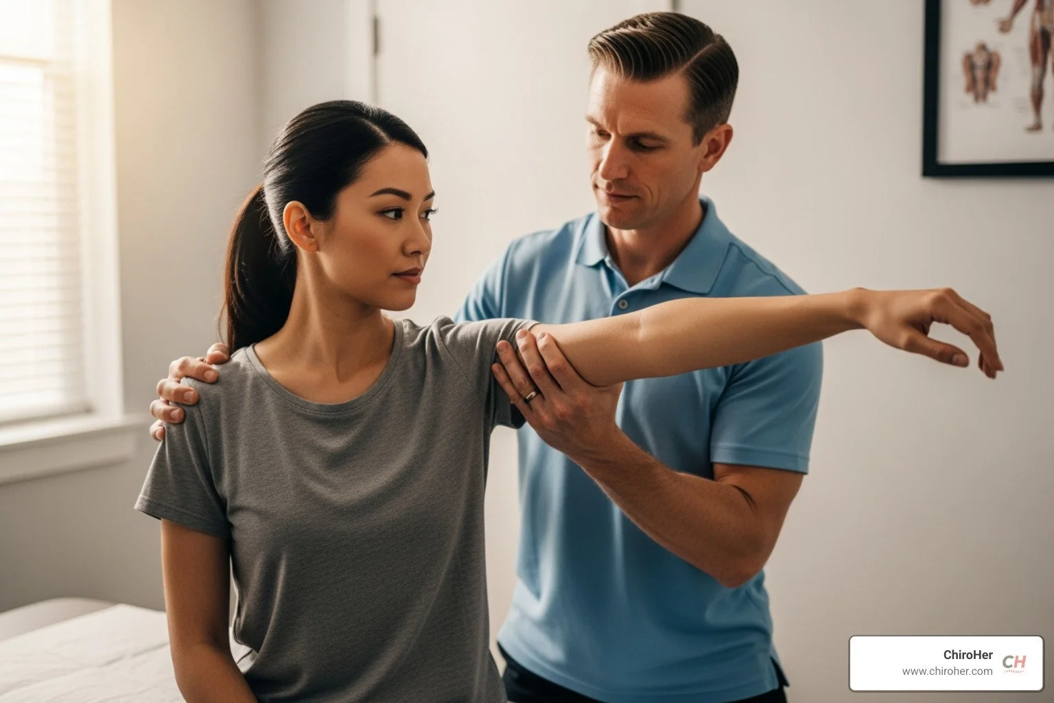 chiropractor assessing a patient's shoulder range of motion - manual manipulation of the shoulder