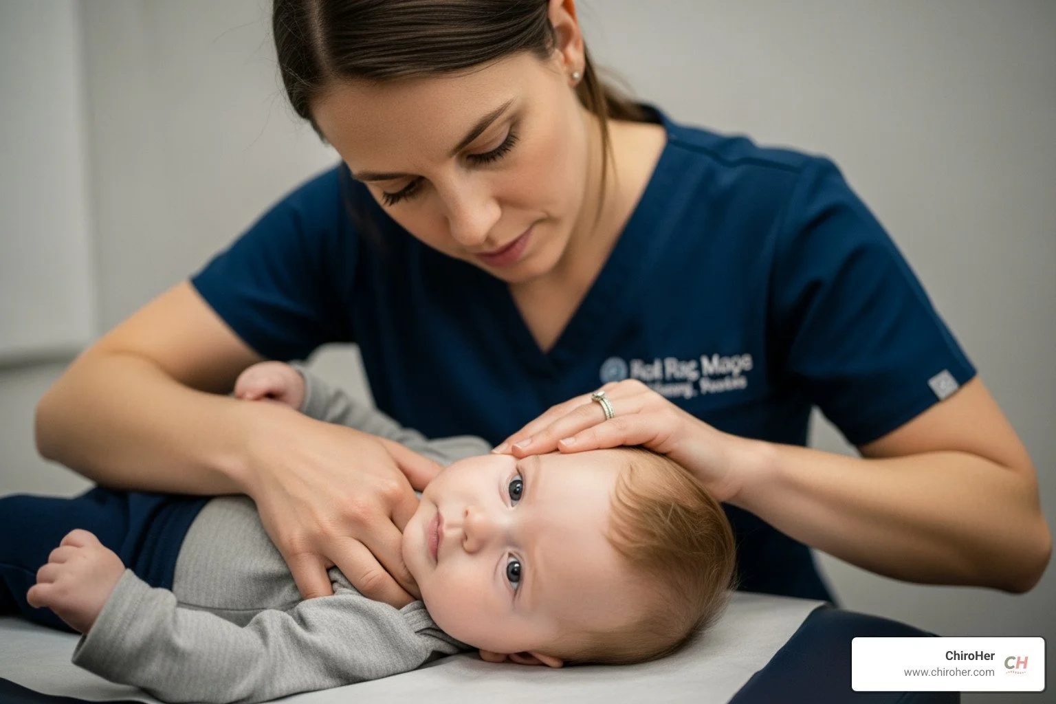 a female chiropractor gently examining a baby's neck alignment - ear infection chiropractic