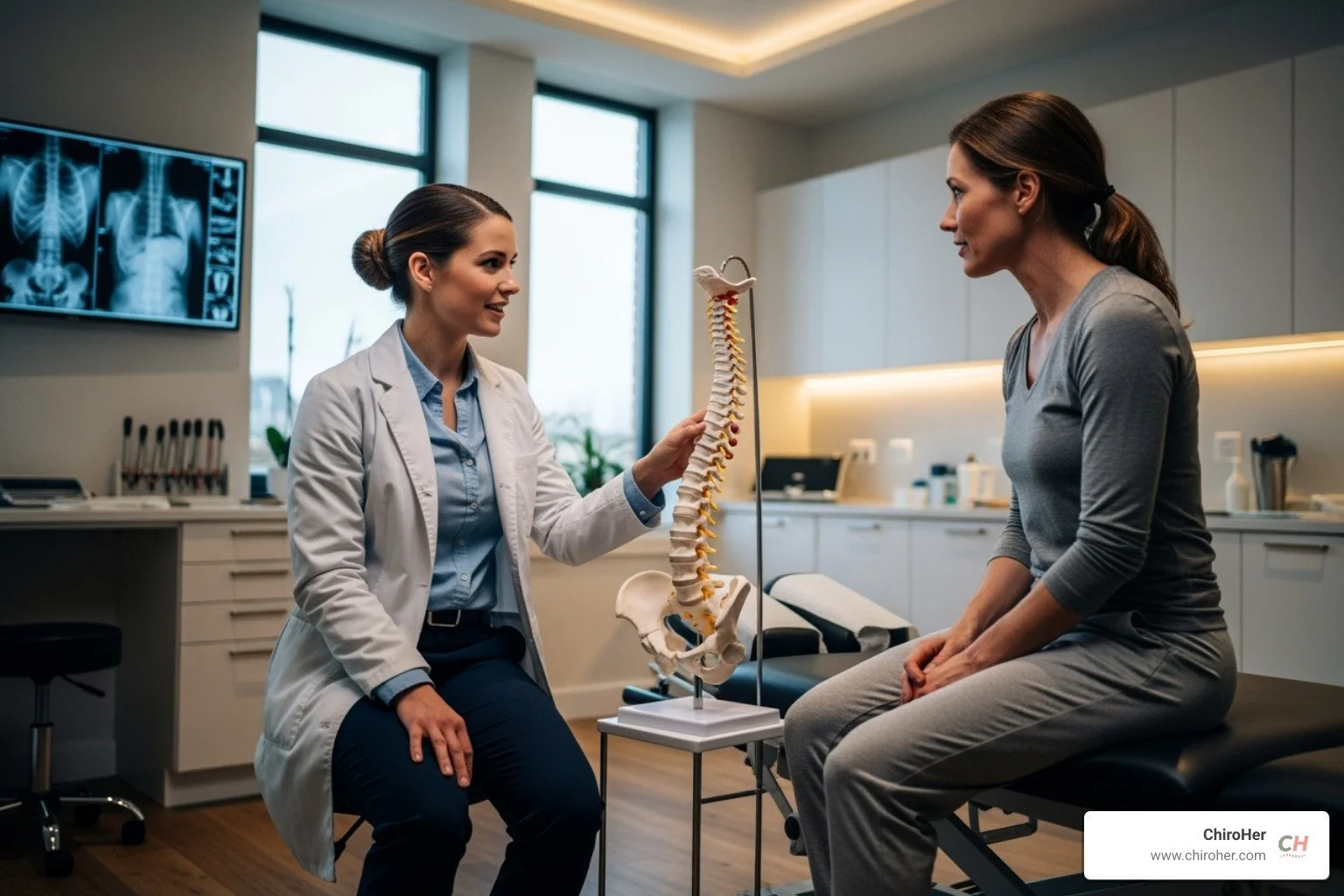 a female chiropractor consulting with a female patient about back health in the ChiroHer clinic - inverter for back stretching