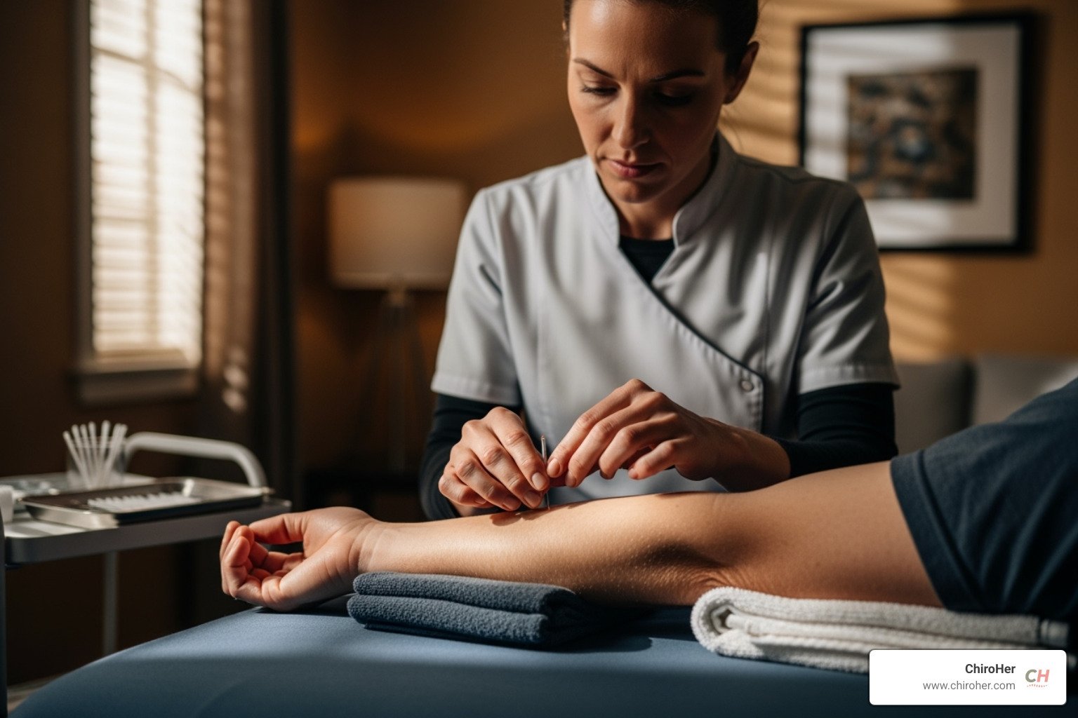 A qualified female acupuncturist placing a needle on a patient's wrist (HT7 point) - acupuncture for insomnia