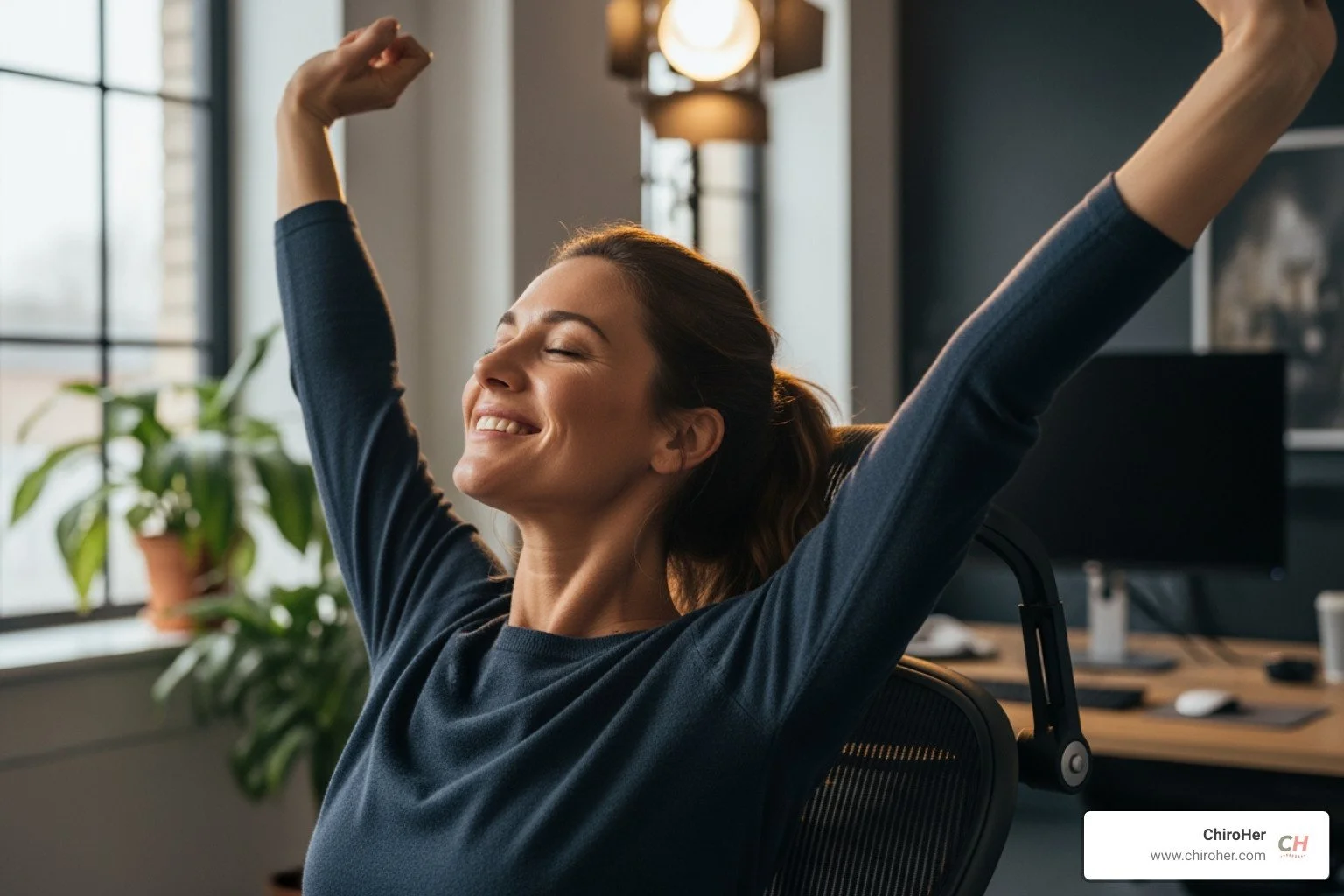 woman smiling and stretching comfortably in an ergonomic office chair - upper shoulder blade pain