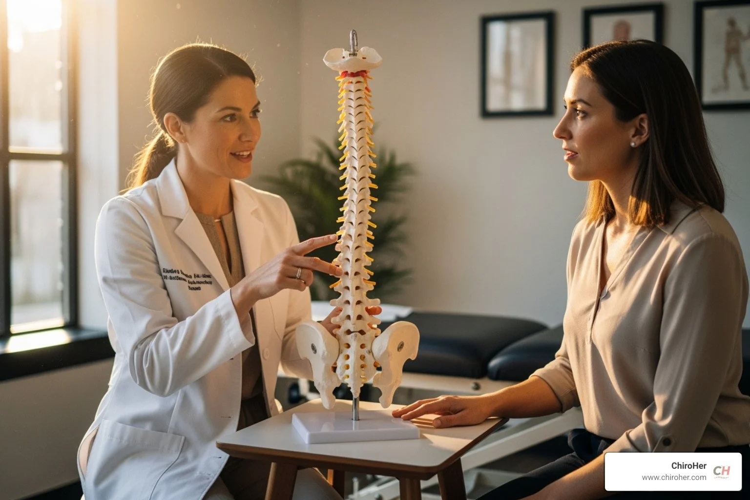 A female chiropractor explaining a spinal model to a female patient in a comfortable clinic setting - pain in right buttock when lying down