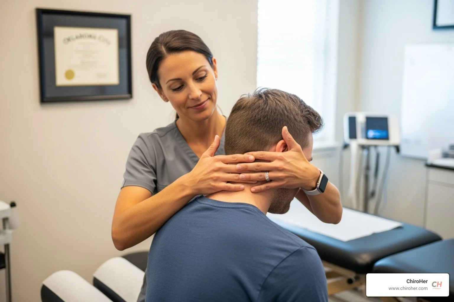A hyper-realistic image of a female chiropractor with correctly formed hands, gently examining a patient's neck alignment in a calm, professional clinic setting in Oklahoma City - how to relieve severe neck pain on left side