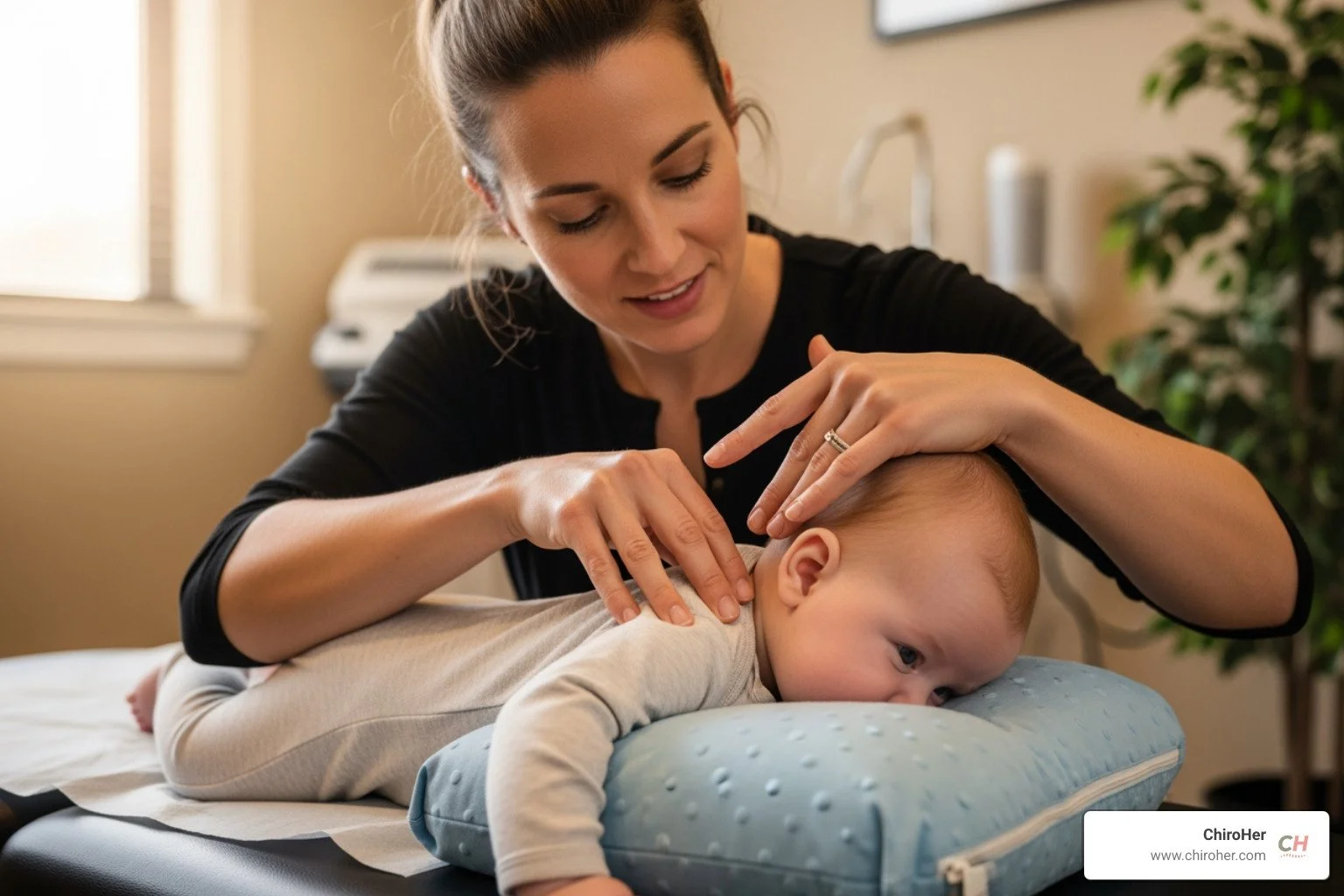 A gentle female chiropractor performs a precise, specific adjustment on a calm, content infant lying on a soft pediatric pillow. The lighting is warm and reassuring, highlighting the detailed, careful hand placement. - baby sleep specialist