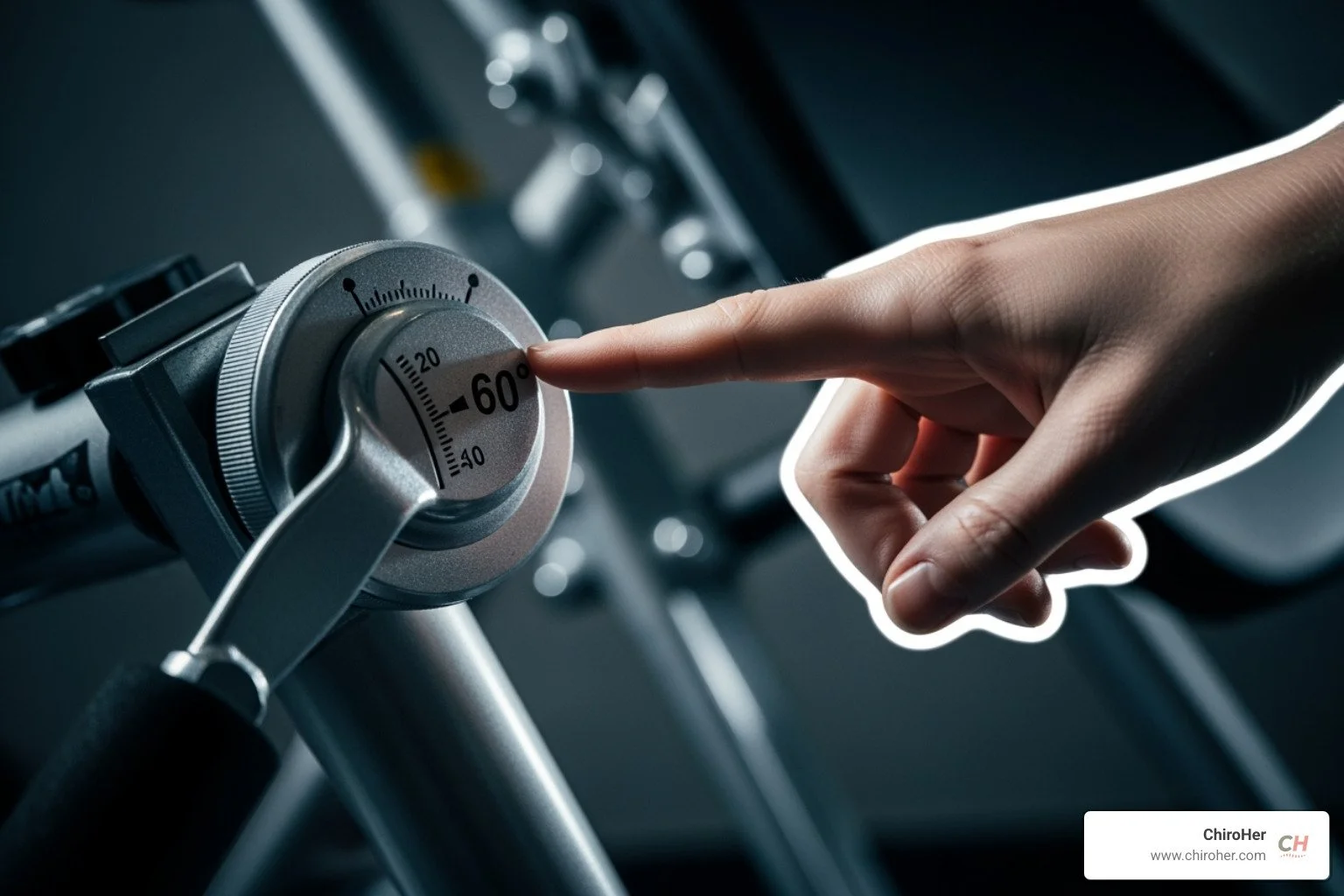a hand pointing to the 60-degree mark on the angle controls of an inversion table - inverter for back stretching
