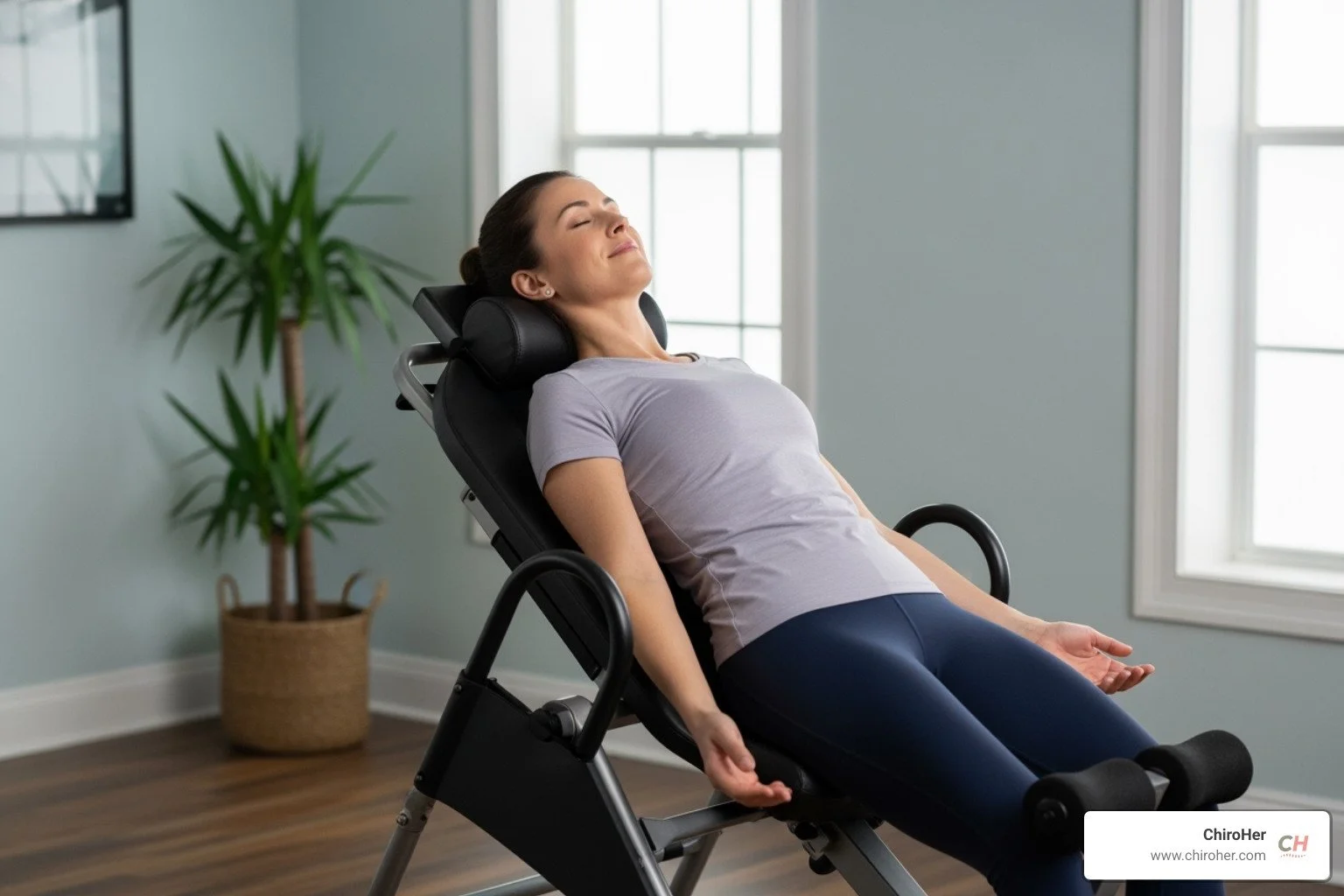 woman safely and comfortably using an inversion table at a slight angle - inversion table for pinched nerve