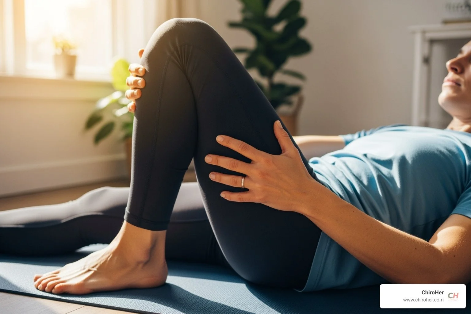 a woman experiencing sciatic pain radiating down her leg - sciatic nerve stretches