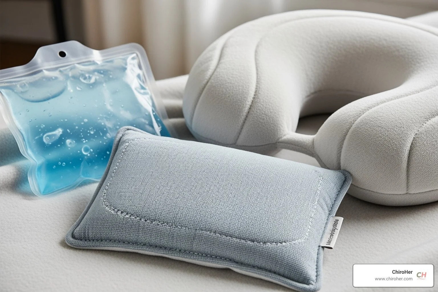 A hyper-realistic image showing a collection of items for home relief: a microwavable heating pad, a re-usable cold pack, and a supportive memory foam neck pillow, all looking clean and ready for use - how to relieve severe neck pain on left side