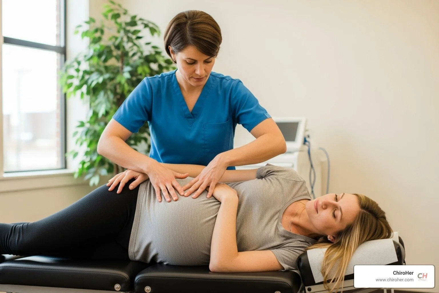 female chiropractor with correctly formed hands performing a gentle adjustment on a pregnant woman who is comfortably lying on a specialized chiropractic table. - prenatal certified chiropractor
