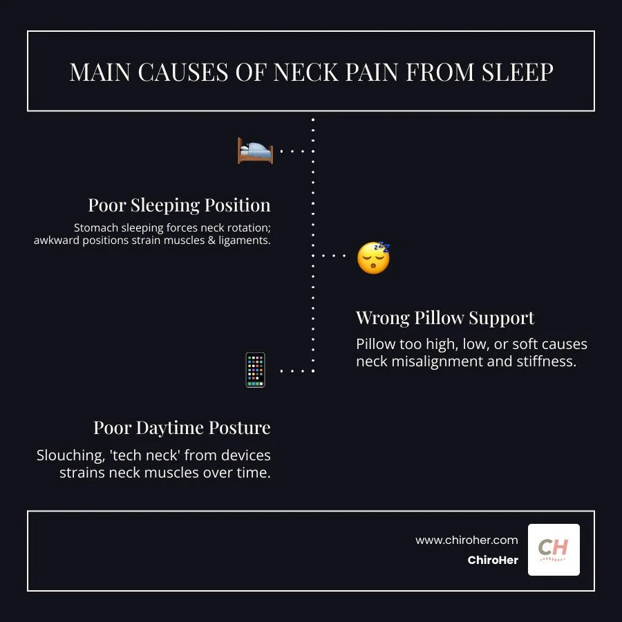 infographic showing main causes of neck pain from sleep including stomach sleeping forcing neck rotation, pillows that are too high or too flat causing misalignment, side sleeping without proper support, and poor daytime posture from phones