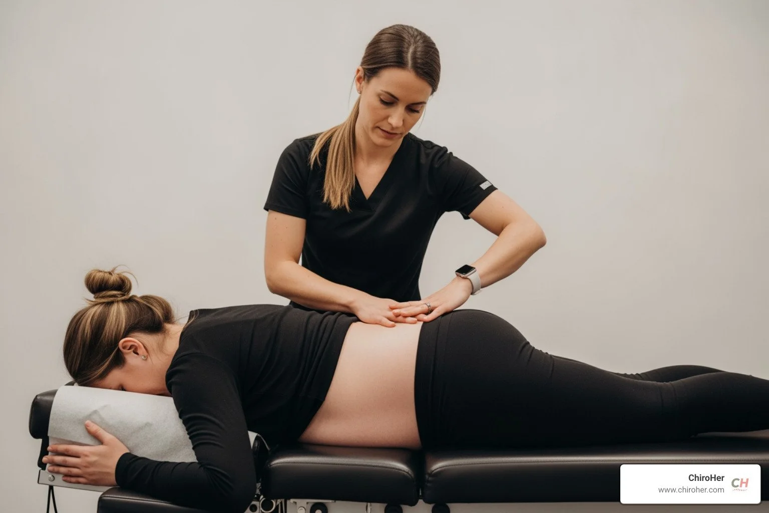 a female chiropractor gently adjusting a pregnant patient's back on a specialized table. - middle back pain pregnancy third trimester