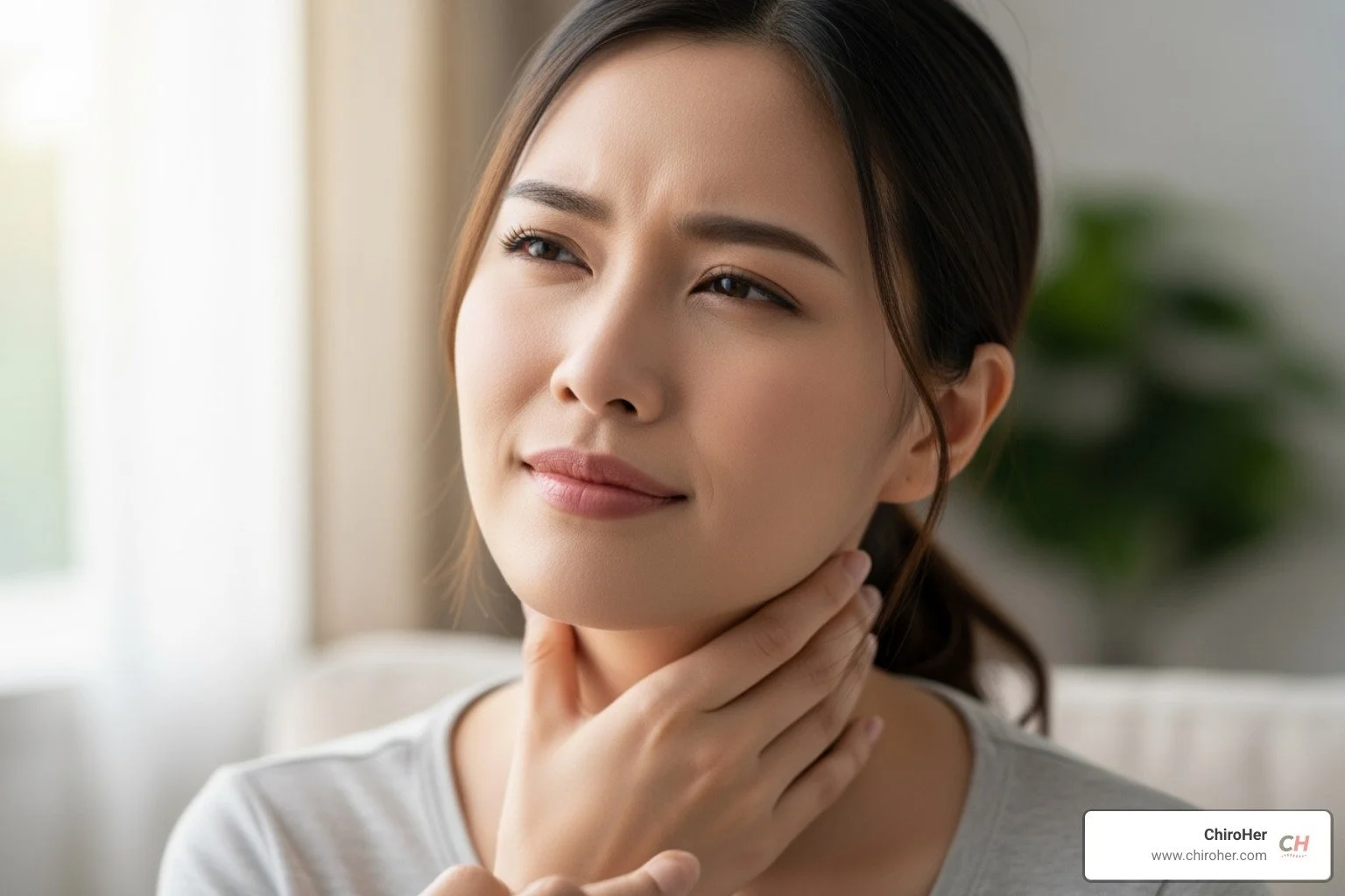 woman experiencing left-sided neck pain, looking concerned but hopeful - how to relieve severe neck pain on left side