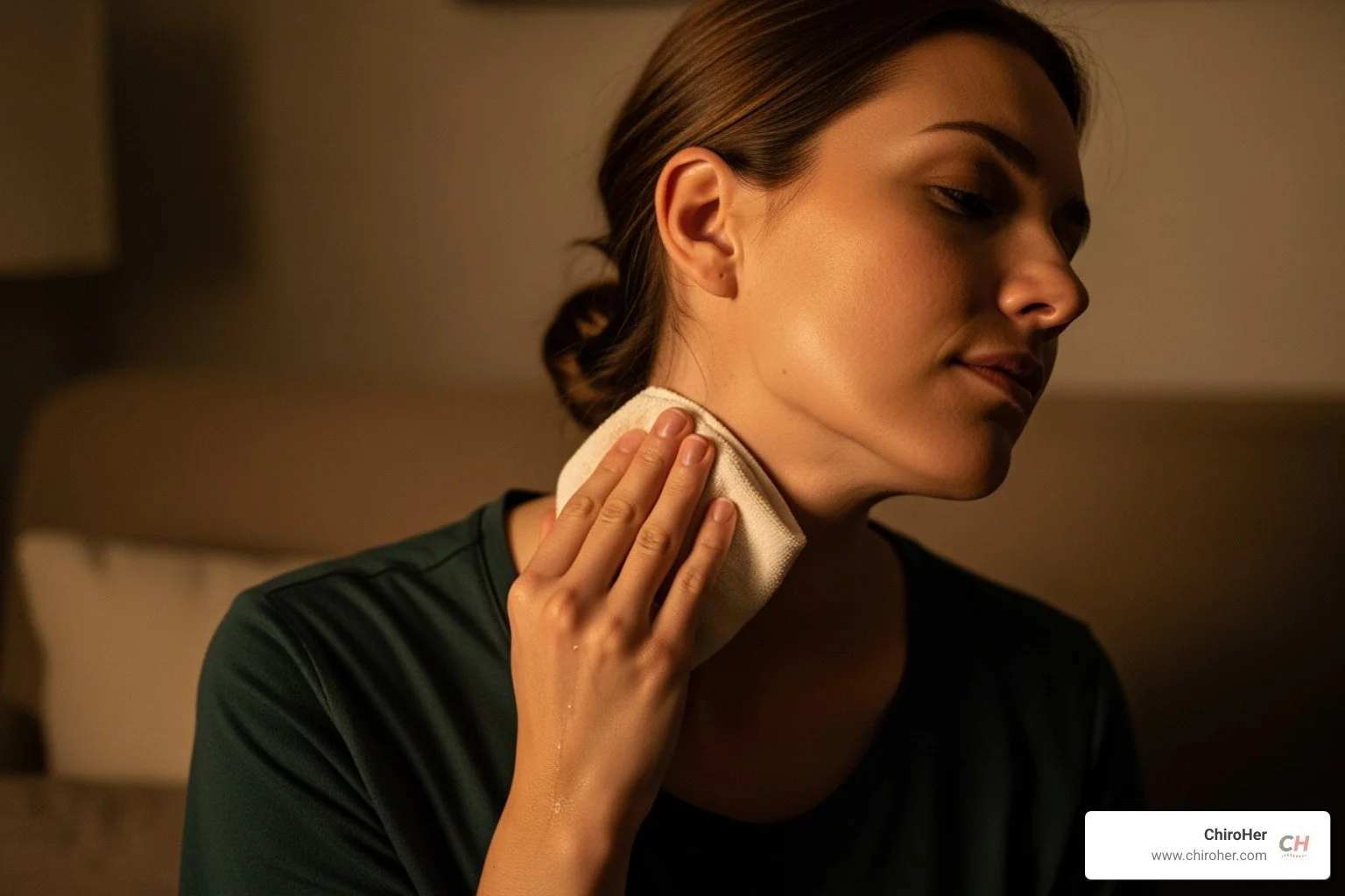 woman applying warm compress to her neck - how to relieve neck pain from sleeping wrong