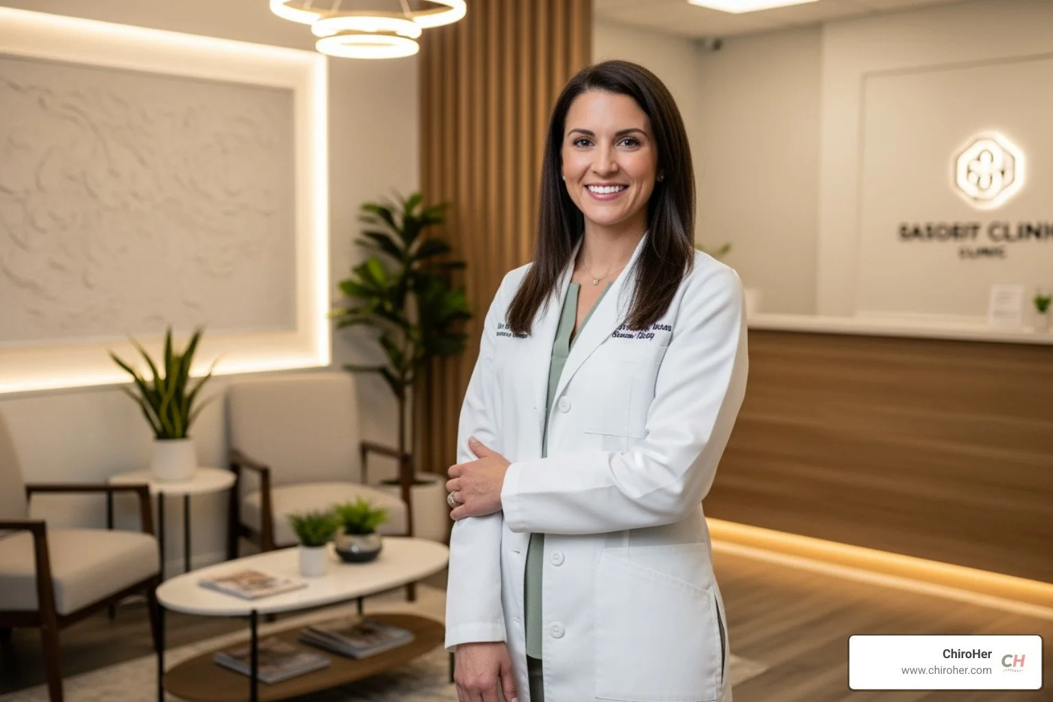 A female chiropractor smiling warmly, standing in a comfortable, upscale clinic setting. - prenatal chiropractor near me