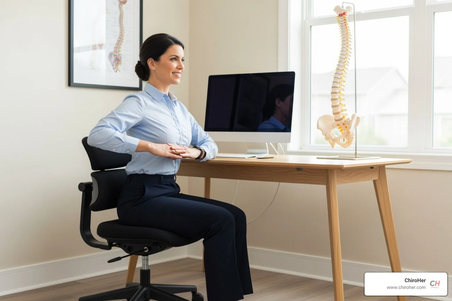 A female chiropractor demonstrating good posture at a desk to prevent sciatic pain - sciatic pain