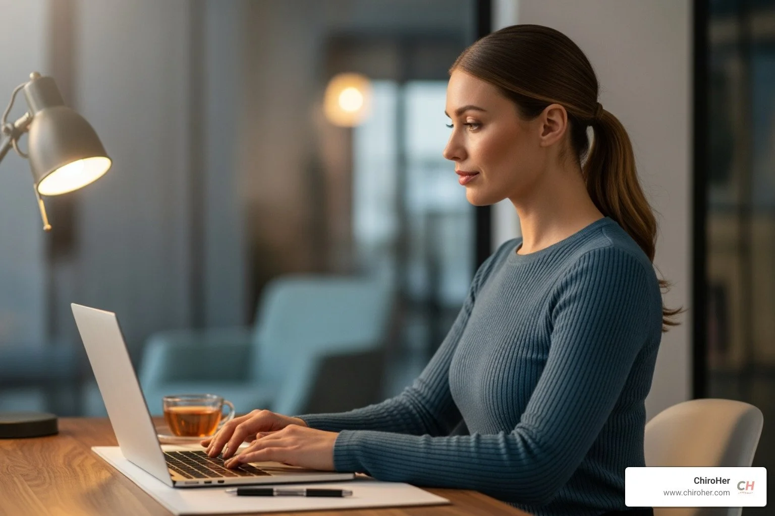 Woman at desk performing a gentle chin tuck stretch, with good posture - Tech neck pain treatment