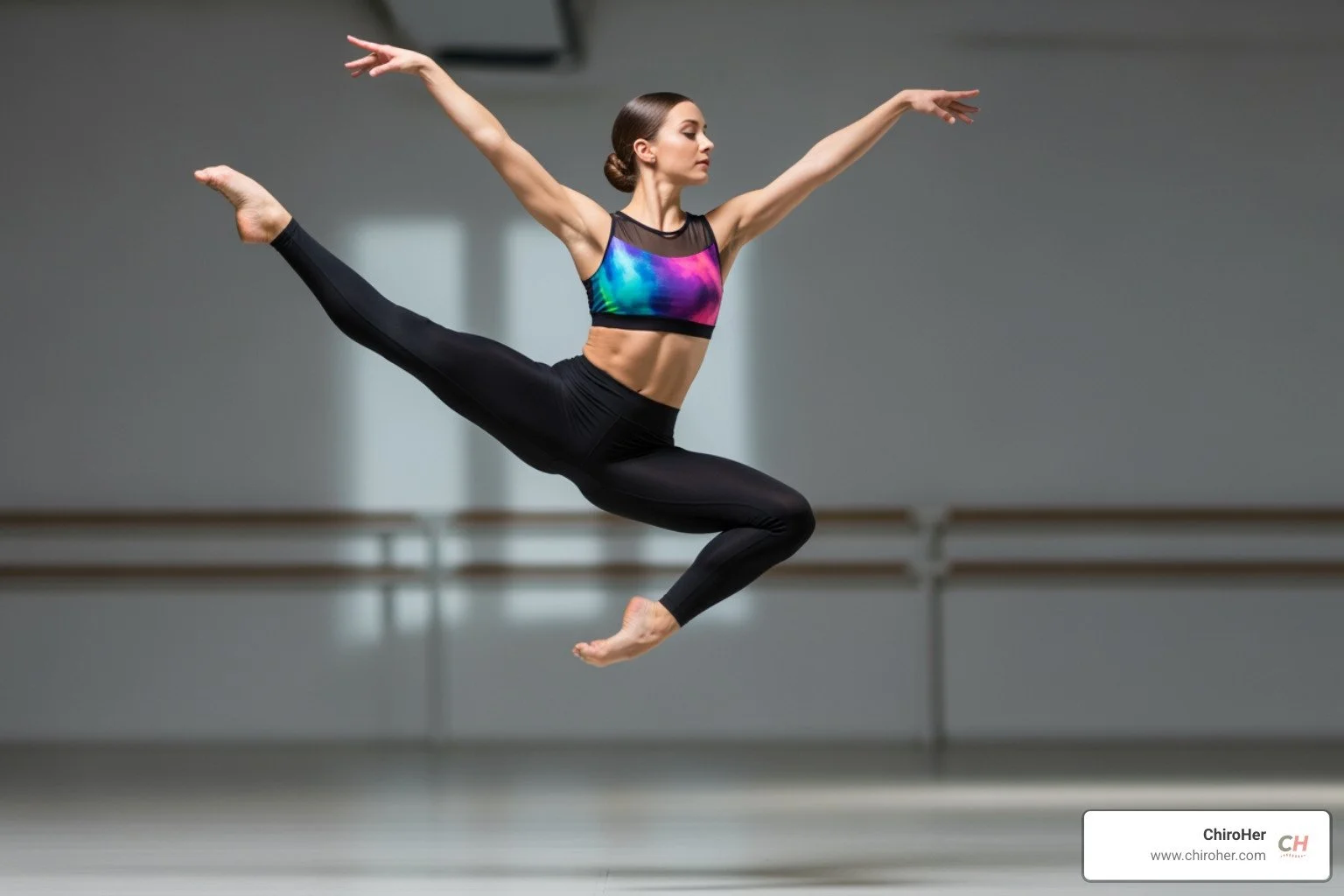 anatomical diagram of the hip flexor muscles with a female chiropractor pointing out the psoas, iliacus, and rectus femoris - hip stretches for dancers