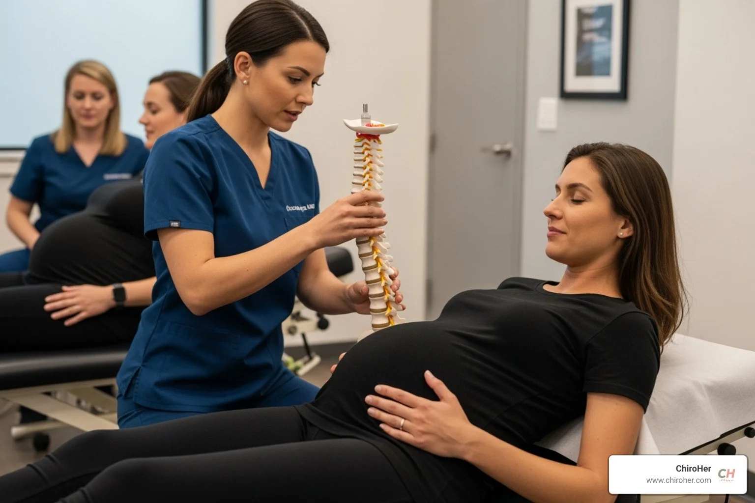 A female chiropractor using a spinal model to explain an adjustment to a pregnant patient in a calm, modern clinic room. - prenatal chiropractor near me