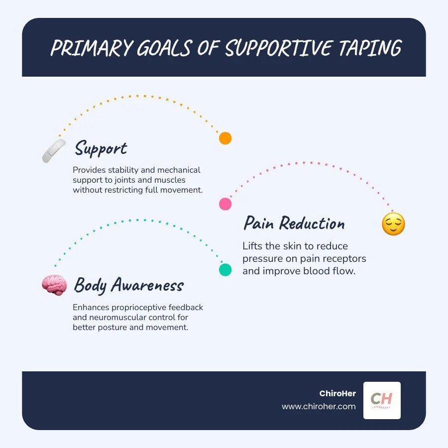explaining the primary goals of supportive taping: Support, Pain Reduction, and Improved Body Awareness. - Supportive Taping Techniques infographic infographic-line-3-steps-blues-accent_colors