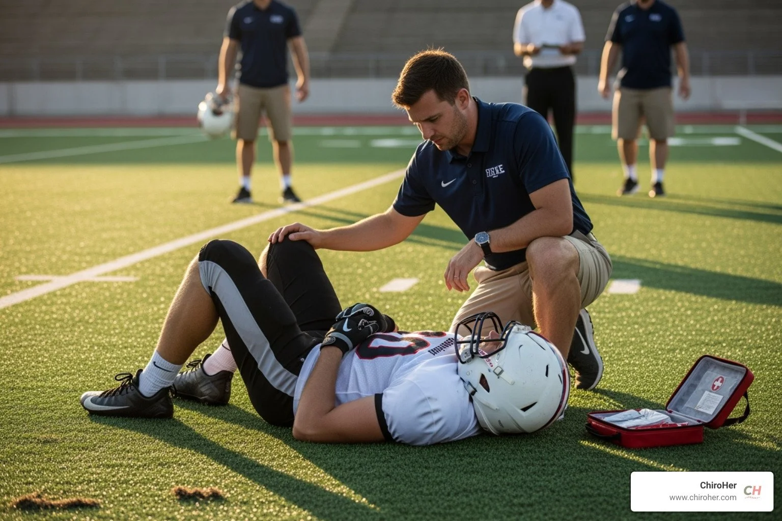a female chiropractor attending to a football player on the field - what is the most injury prone sport