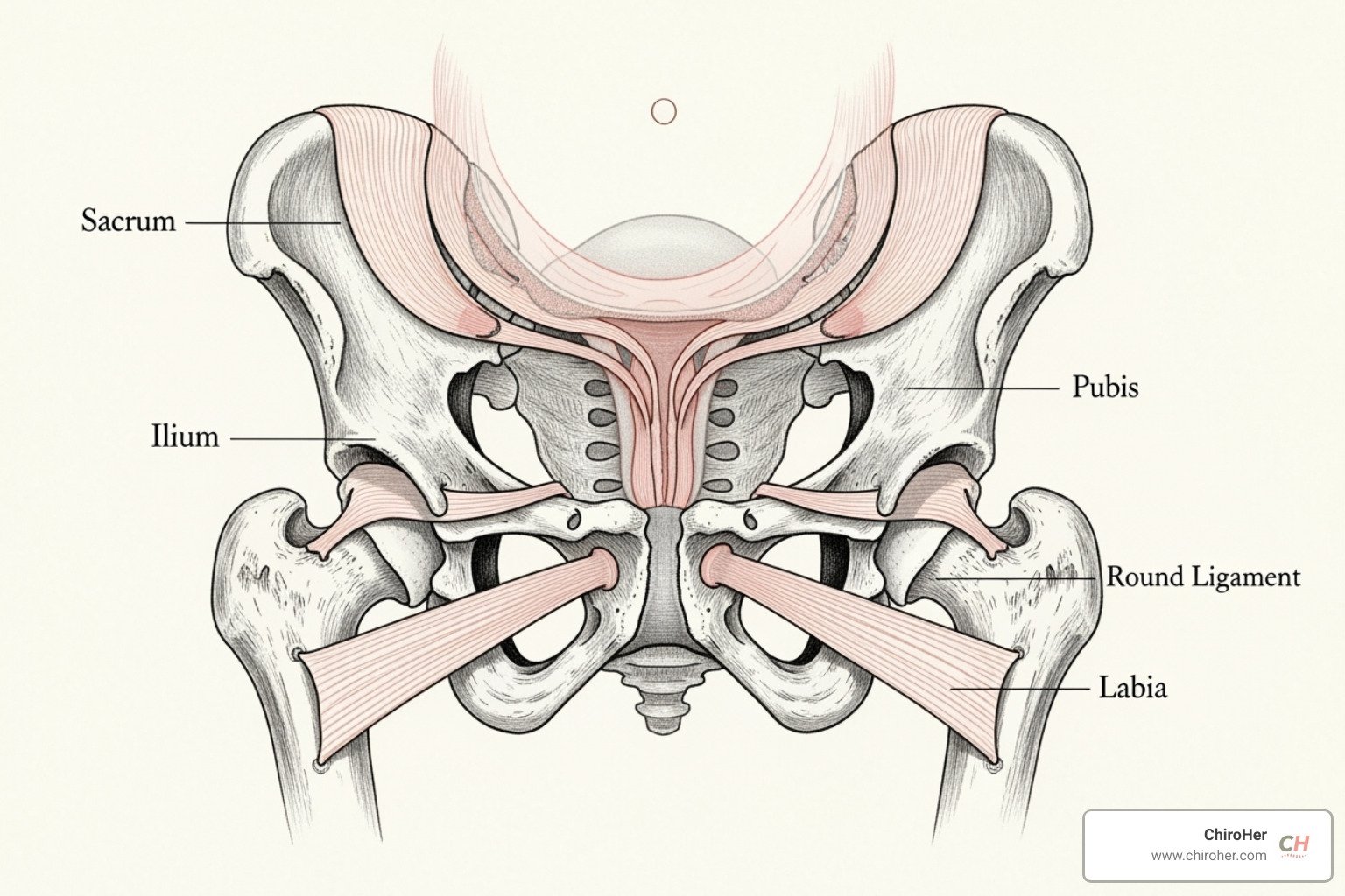 diagram illustrating the pelvis, sacrum, and round ligaments, highlighting areas of potential stress during pregnancy. - prenatal certified chiropractor