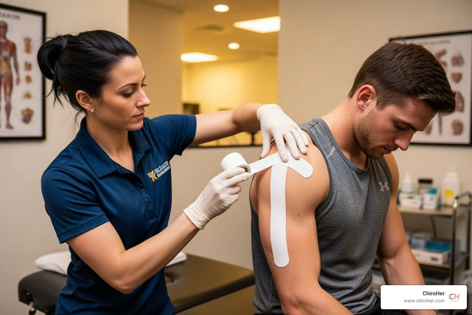 a female chiropractor applying supportive taping to an athlete's shoulder - what is the most injury prone sport