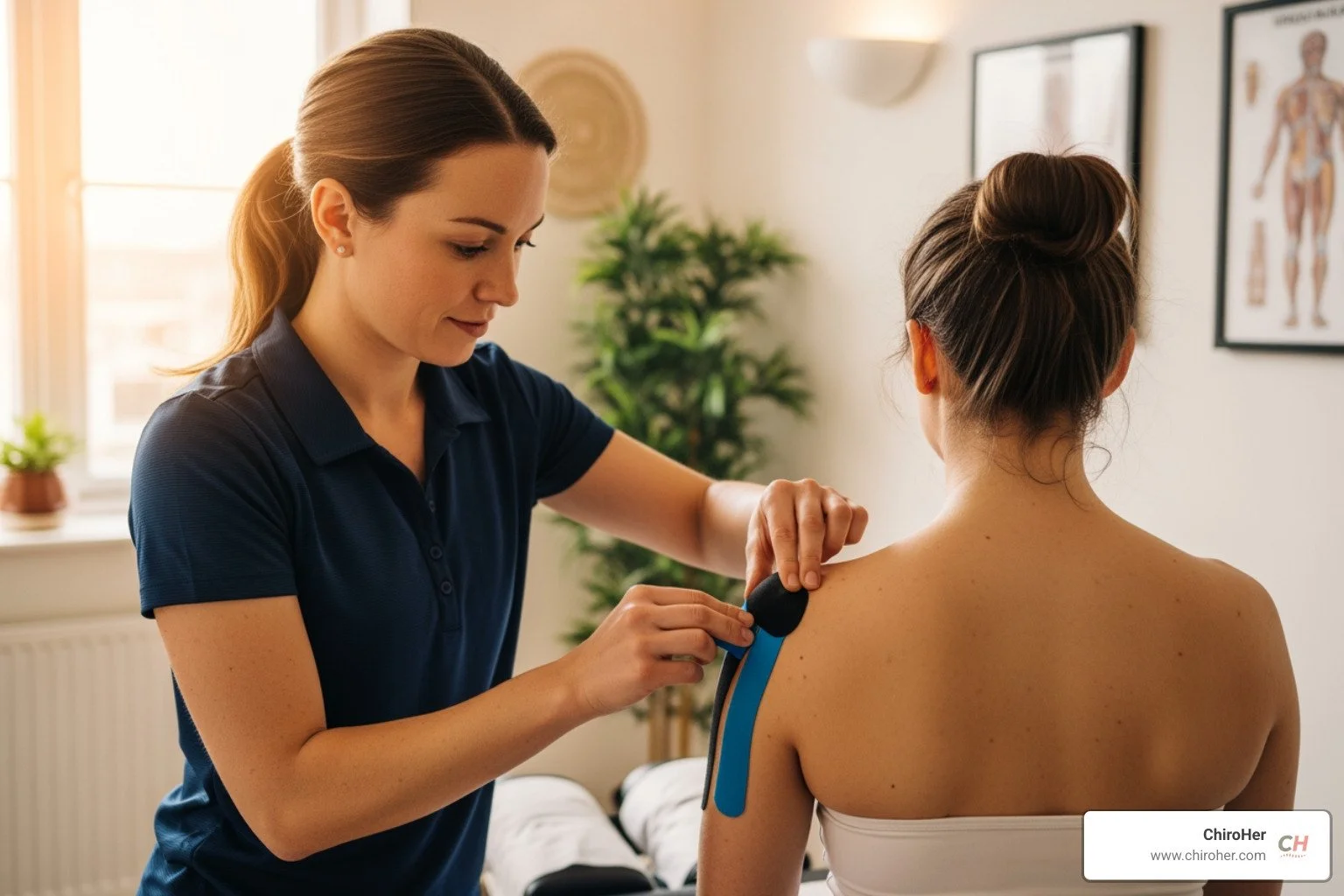 of a female chiropractor applying colorful kinesiology tape to a female patient's shoulder in a bright, comfortable clinic setting - Supportive Taping Techniques