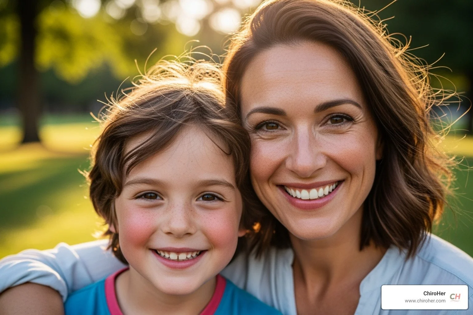 a mother and child smiling and looking healthy outdoors - ear infection chiropractic