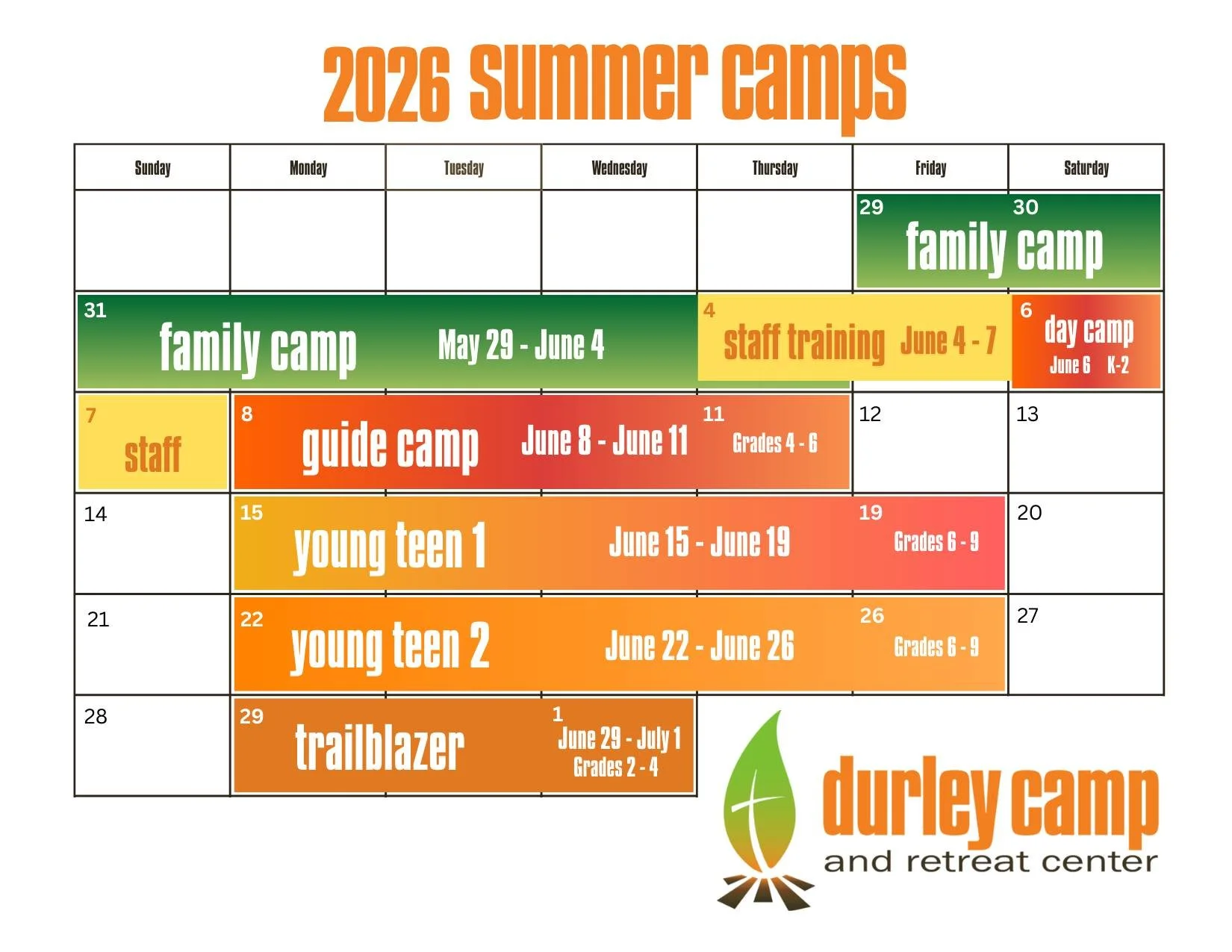 With summer 2025 officially behind us, we are so excited to announce next year's summer camp schedule! Save the dates, and we look forward to seeing you all next June at Durley Camp!
