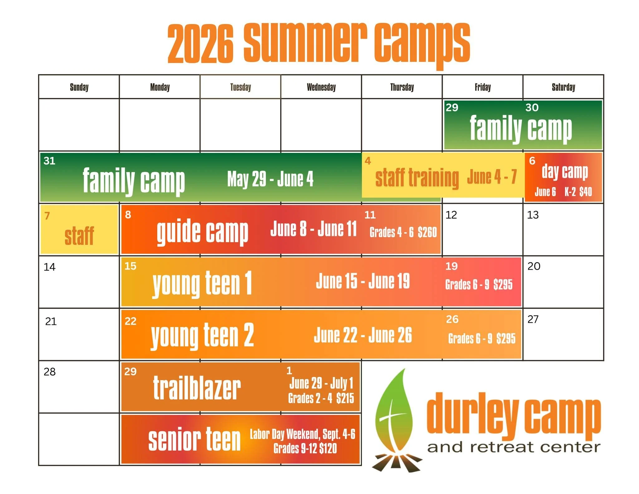 We are already so excited to see what God has in store for Durley Camp in 2026. Check out our summer 2026 camping schedule and mark your calendars! For more information on Durley Camp, our mission, rentals, and more, head over to our website. Keep an