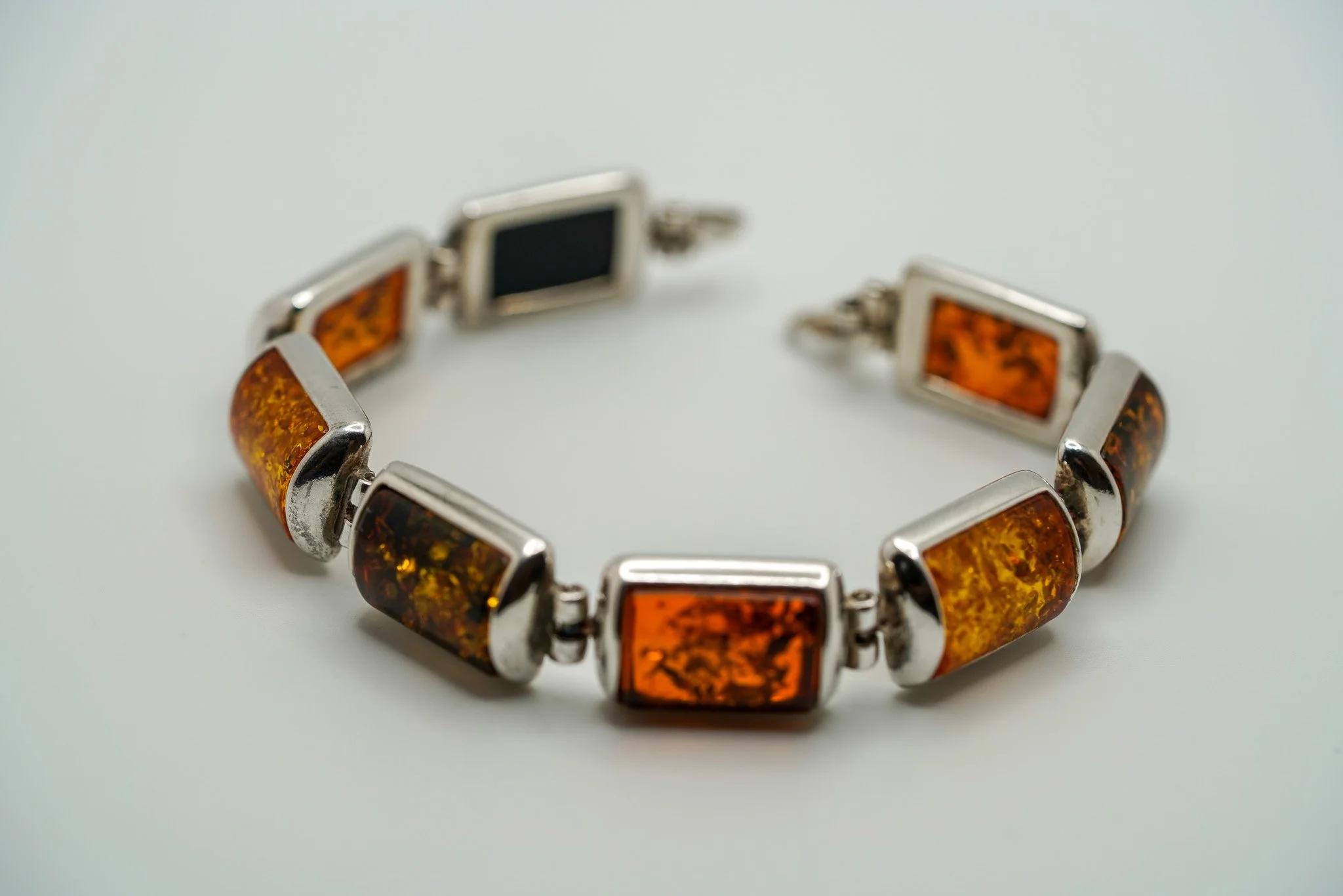 Vintage Handmade Sterling Silver Genuine Natural Amber Chain Tennis Bracelet 7.5" x 12mm