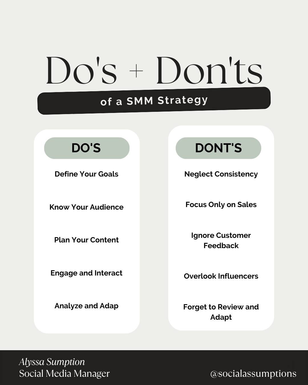Are you tired of not getting the results you want from your social media presence? 

As a social media manager, I've seen it all. Here are some essential do's and don'ts to make sure you're getting the most out of your SMM strategy.

Remember, a stro