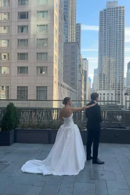 Bride and Groom Chicago City backdrop First Look Tap on Shoulder